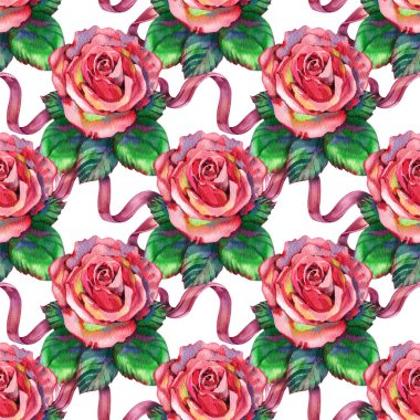 Pembe gül ve çiçekli suluboya desenli suluboya çiçek deseni. Kırsal vintage tarzı, tekstil veya duvar kağıtlarında suluboya baskısı.