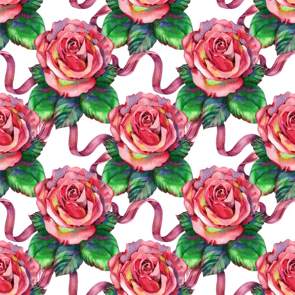 Pembe gül ve çiçekli suluboya desenli suluboya çiçek deseni. Kırsal vintage tarzı, tekstil veya duvar kağıtlarında suluboya baskısı.