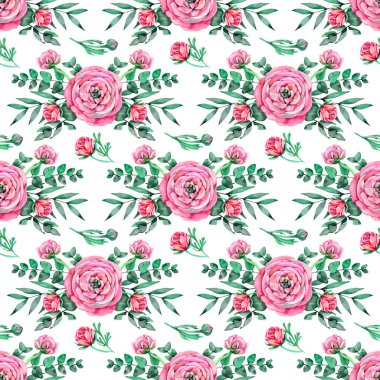 Ranunculus düğün çiçeği. Pembe çiçekli ve Ranunculus tomurcuklu kusursuz çiçek deseni. Resim beyaz arkaplanda izole edildi