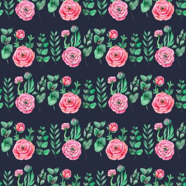 Narin ranunculus ve okaliptüs içeren kusursuz bir desen. Suluboya el çizimi arkaplan