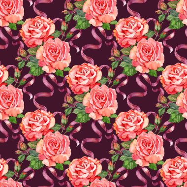 Güller, pembe kurdeleler, pürüzsüz desenler, suluboya. El çizimi klasik tasvirler. Düğün kartları, ambalaj kağıtları, tekstil, kumaş, kapaklar, afişler.