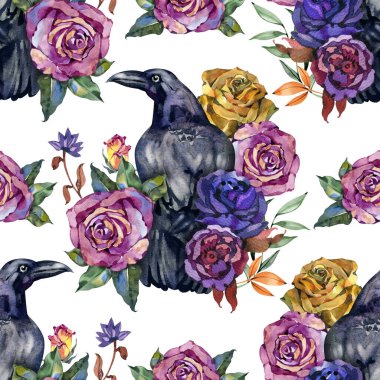 Kırmızı güller içinde kuzgun kuşlar. Cadılar Bayramı gotik desenli ürkütücü kuşlar ve gotik çiçeklerle dolu. Korkunç tasarım için suluboya ürkütücü arkaplan.