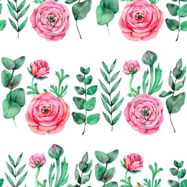 Ranunculus düğün çiçeği. Pembe çiçekli ve Ranunculus tomurcuklu kusursuz çiçek deseni. resimleme