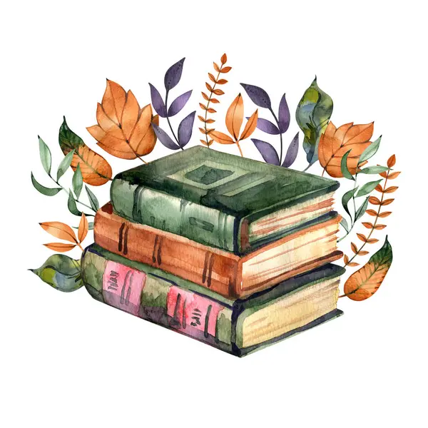 Suluboya resimli kitaplar ve sonbahar yaprakları. El çizimi sonbahar sanat eserleri