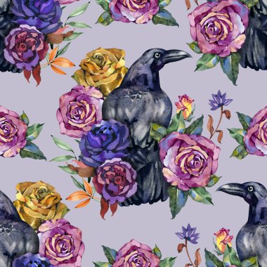 Suluboya, dikişsiz desen. Güllü kuzgun kuşlar. Cadılar Bayramı gotik desenli ürkütücü kuşlar ve gotik çiçeklerle dolu. Korkunç tasarım için suluboya ürkütücü arkaplan.