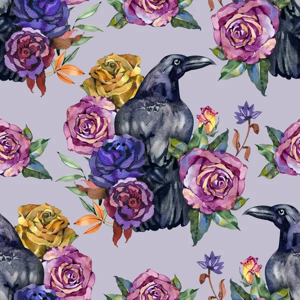 Suluboya, dikişsiz desen. Güllü kuzgun kuşlar. Cadılar Bayramı gotik desenli ürkütücü kuşlar ve gotik çiçeklerle dolu. Korkunç tasarım için suluboya ürkütücü arkaplan.