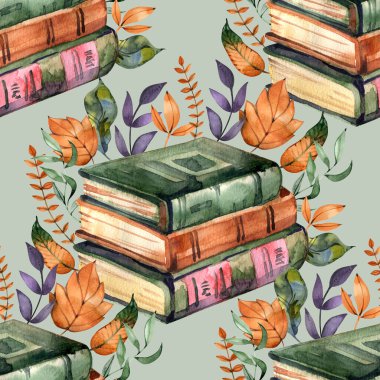 Suluboya Güz Cottagecore Eski Kitaplar Kusursuz Desen, Klasik Okuma Rutini.