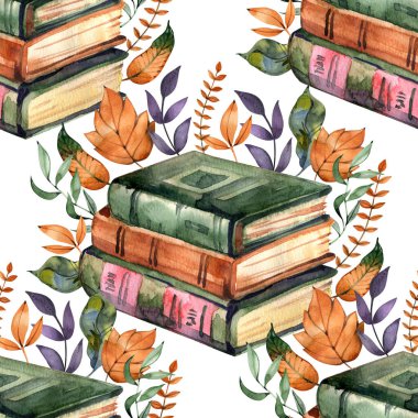 Bir yığın kitap, sonbahar yaprakları ve dikişsiz desenli çiçeklerin yanında. Suluboya dijital illüstrasyon. Yeşil yapraklar, kitaplar..
