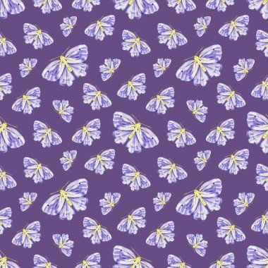 Suluboya mavi kelebekli kusursuz desen, parmak izi için mor güve..