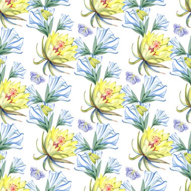 Kusursuz desenli suluboya ay çiçekleri kelebek eli çizimi yapar. Çiçek boyalı elementler. Bitkisel doğal nesneler. Kumaş, baskı