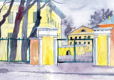 Saint Petersburg Rusya suluboya el çizimi. Eski sokak manzarasının suluboya çizimi