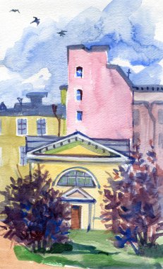 Saint Petersburg Rusya suluboya el çizimi. Eski sokak manzarasının suluboya çizimi