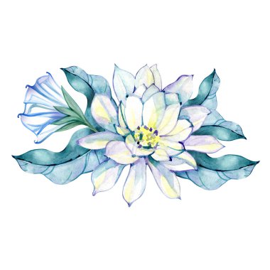 Suluboya Gece Çiçek ve Yapraklar, El Boyalı Çiçek Çizimi.