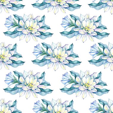 Çiçeksiz arka plan suluboya. Su zambağı kusursuz desen. Su Zambağı 'nın çiçek arkaplanı. Temmuz ayı çiçeği. Duvar kağıtları, ambalaj kağıdı, tekstil için botanik arka plan.