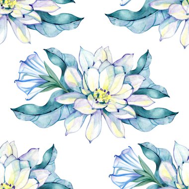 Kusursuz desenli suluboya ay çiçekleri elle çizilmiş resimler bırakır. Çiçek boyalı elementler. Bitkisel doğal nesneler. Kumaş, baskı