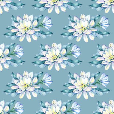 Kusursuz desenli suluboya ay çiçekleri elle çizilmiş resimler bırakır. Çiçek boyalı elementler. Bitkisel doğal nesneler. Kumaş, baskı