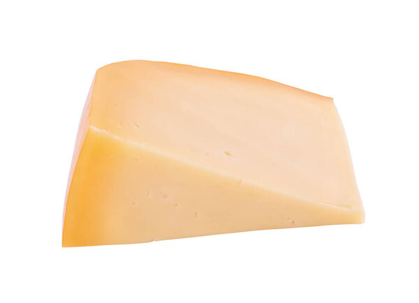Hard Gouda cheese isolated on a white background. Image of a piece of Gouda cheese.
