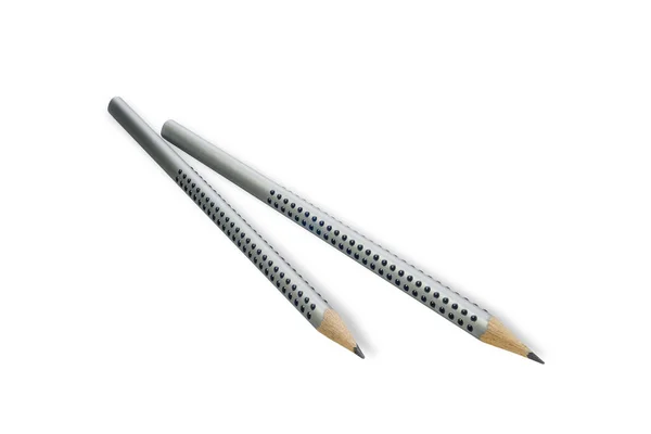 两只灰色的木制铅笔 上面有几滴胶水隔离在白色的背景上 割伤通行证 贯穿主题的尖锐程度 — 图库照片