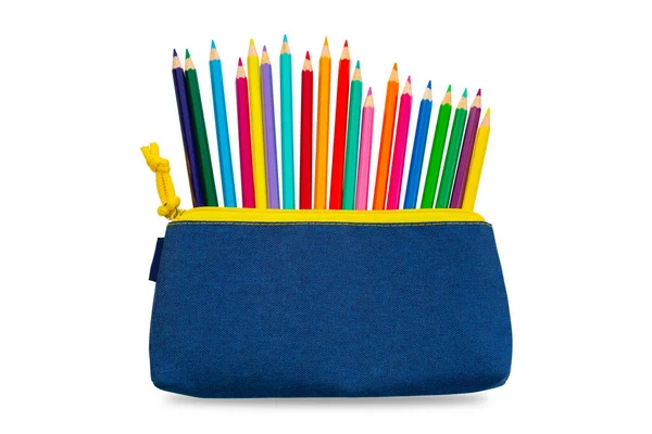 Beyaz Arka Planda Izole Edilmiş Farklı Renkli Kalemler Kalem Kutusunda — Stok fotoğraf