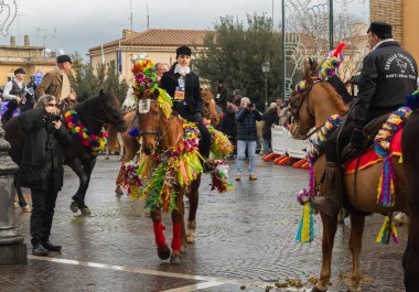 MONTEROTONDO, ITALY - JANUARY 15, 2023: View of colored and beautiful patron feast of Sant'Antonio in the historic center of Monterotondo town in Lazio, Italy