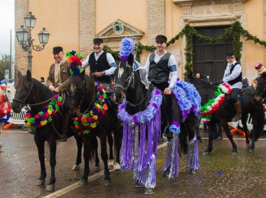 MONTEROTONDO, ITALY - JANUARY 15, 2023: Portrait of beautiful horses at the famous and colored patron feast of Sant'Antonio in the center of Monterotondo, Lazio, Italy