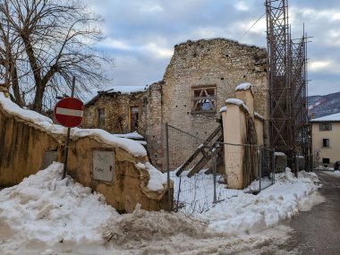Glimpses of the town of Norcia, partially destroyed by the 2016 earthquake, Umbria, Italy