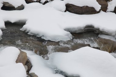 View of alpine river in the snow