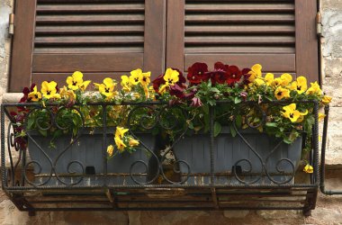 Ortaçağ kasabasının merkezindeki çiçekli balkon manzarası