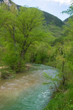 İtalya 'nın Marche bölgesindeki ünlü Grotte di Frasassi yakınlarındaki Sentino nehrinin manzarası.