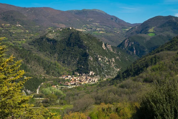 Piękna Panorama Średniowiecznej Wioski Vallo Nera Valnererina Region Umbrii Włochy — Zdjęcie stockowe