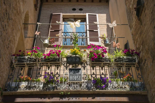 Stock image SPELLO, ITALY - MAY 10, 2023: View of balcony decorated with vase of flowers and butterfly in the medieval center of Spello town, Umbria region, Italy