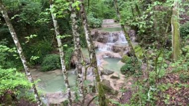 Güneşli bir günde ormanda büyüyen kayalar ve yeşil ağaçlarla çevrili yeşil göle akan küçük şelale, Umbria bölgesi, İtalya