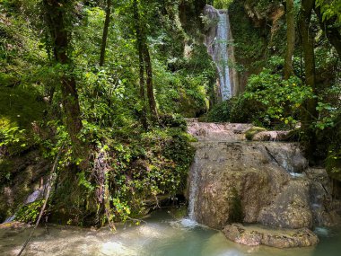 Umbria, İtalya 'daki vahşi ormanda küçük şelale ve doğal havuz manzarası