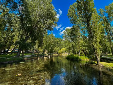 İtalya 'nın Umbria bölgesindeki ünlü Fonti del Clitunno' nun panoramik görüntüsü