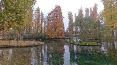 Clitunno antik Roma nehri sonbahar bahçesinin kaynağı. Sonbaharda sisli bir sabah. Perugia, Umbria, İtalya