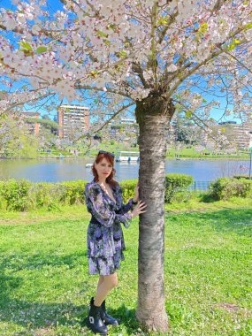 ROMA, İtalya - 30 Mart 2025 Japon kiraz ağaçlarının bahar çiçekleri, Hanami, EUR suni göl parkında, Roma, İtalya