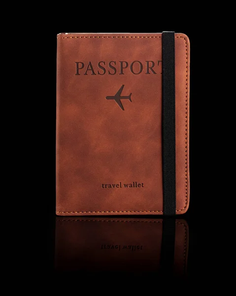 Passport Cover Made Decorative Material Passport Elastic Band Black Background — Stock Photo, Image