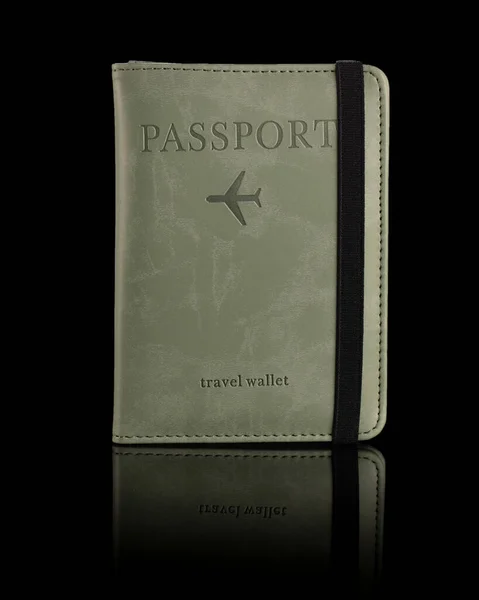 Паспортна Обкладинка Декоративного Матеріалу Паспортною Еластичною Смугою Чорному Тлі Відображенням — стокове фото