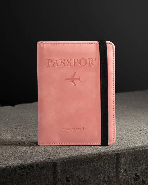 Passport Case Travel Wallet Stands Grey Granite Plaque — Stock Photo, Image