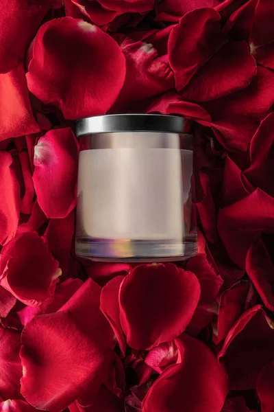 Candle Lid Red Rose Petals Top View Poster Idea — Stock Photo, Image