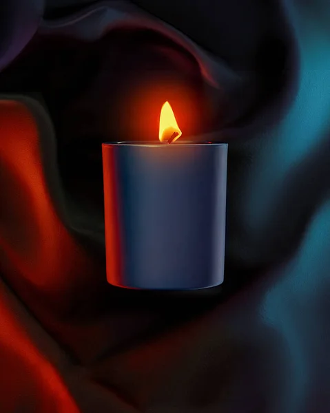 Dunkelblaue Kerze Mit Rotem Sphete Auf Lederhintergrund Leuchtet Und Leuchtet Stockfoto