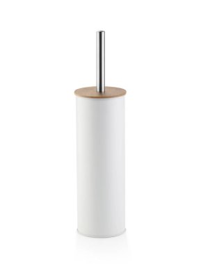 Metal saplı minimalist beyaz tuvalet fırçası ve banyo temizliği için ahşap kapaklı zarafet dokunuşu. Modern iç tasarım için şık aksesuarlar, işlevsellik ve estetiğin birleşimi
