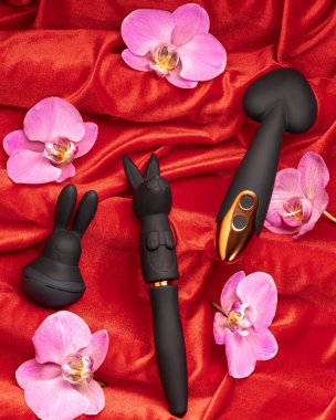 Stil siyah vibratör ve renkli silikon anal bujiler çiçekli ve incili kırmızı saten üzerine yerleştirilmiş. Zarif yakınlaşma cihazlarının sanatsal bir şekilde sunulduğu bir koleksiyon. Yetişkinler için seks oyuncakları