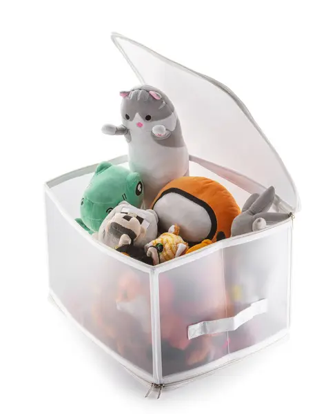Estojo Armazenamento Brinquedos Plástico Translúcido Preenchido Com Vários Animais Pelúcia Fotografia De Stock