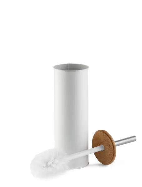 Escova Minimalista Vaso Sanitário Branco Com Cabo Metal Tampa Madeira Imagem De Stock