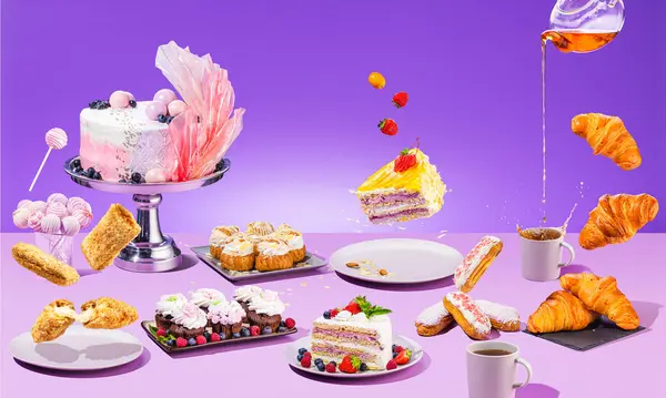 Verscheidenheid Van Levendige Speelse Gebak Gebak Croissants Eclairs Cupcakes Creatief Stockfoto
