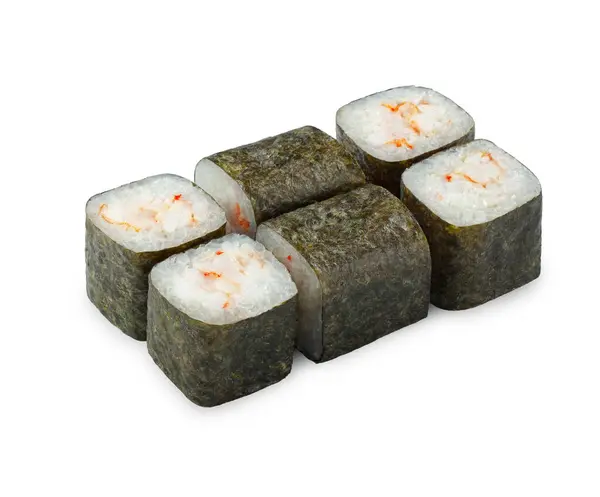 stock image Six sushi rolls are arranged in a semi-circle shape on a white surface. Each roll is made of rice, shrimp, and seaweed, and is cut into round pieces.