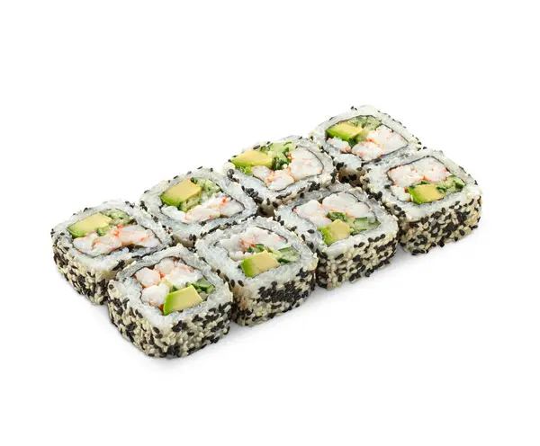 stock image Appetizing uramaki sushi rolls coated with toasted sesame seeds mixture, filled with succulent shrimp, cucumber and avocado, displayed isolated on white background. Popular Japanese food