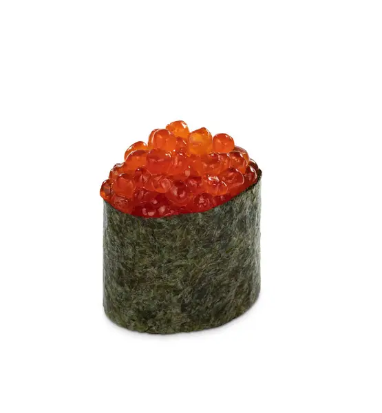 stock image Single elegant gunkan maki sushi topped with salmon red caviar, presented in minimalist style isolated on white background. Authentic Japanese gastronomic culture concept 