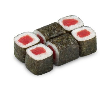 Beyaz arka planda altı parça ton balıklı suşi rulosu sıralanır. Her rulo deniz yosununa sarılı ve beyaz pirinç ve ton balığı dilimleriyle dolu..